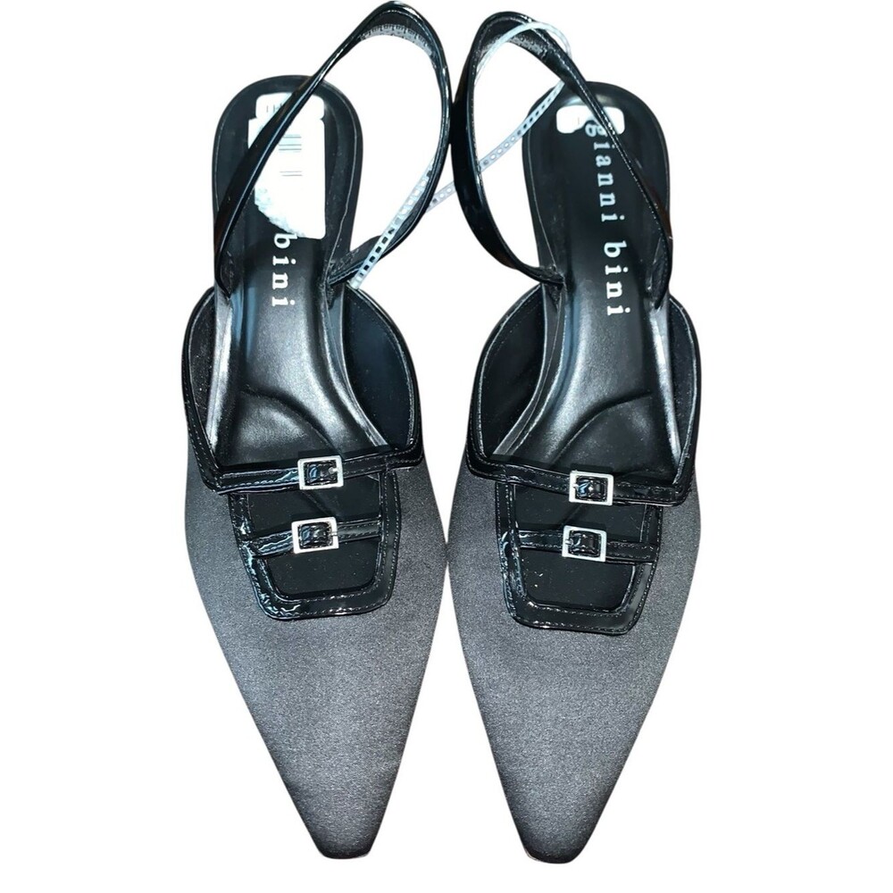 Gianni Bini Black Pointed Slingback Heels with Patent Buckle Trim